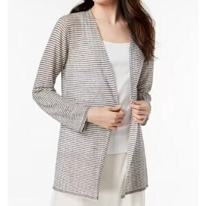 EUC Eileen Fisher Stripe Organic Linen Blend Open Front Knit Cardigan Sweater S